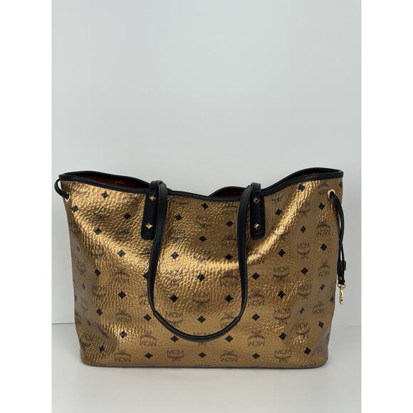 MCM Metallic Visetos Medium Shopper Tote Bag Gold Leather - Picture 2 of 16